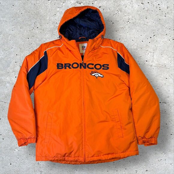 Denver Broncos NFL Hooded Puffer Jacket Sz Large Orange Vintage Embroidered Logo - Picture 1 of 15